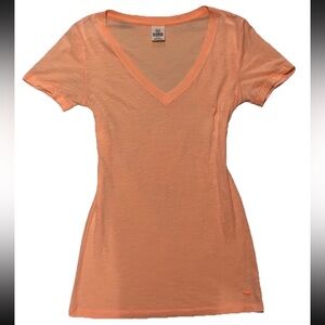 Pink Victoria’s Secret Y2K Paper Thin V Neck Long Body Cap Sleeve Top SZ.S Peach